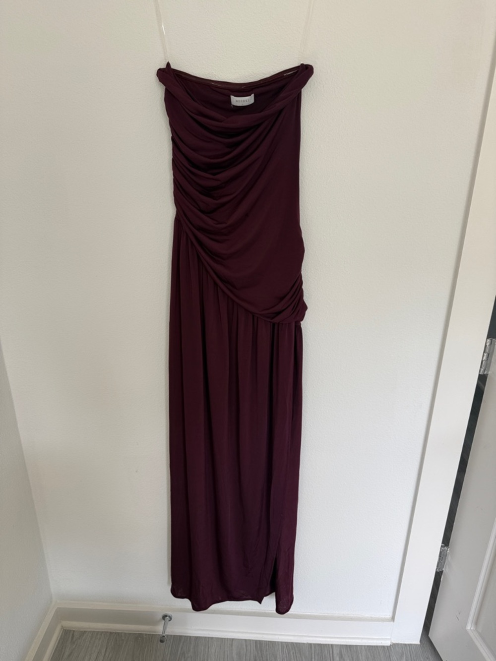 Meshki Bex Strapless Slinky Maxi Dress With Split - Burgundy - Picture 3 of 6